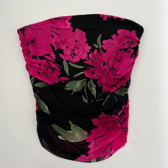 Vintage Eclipse Black Mesh Ruched-Side Tube Top with Floral Prints – Size L - Picture 2 of 8